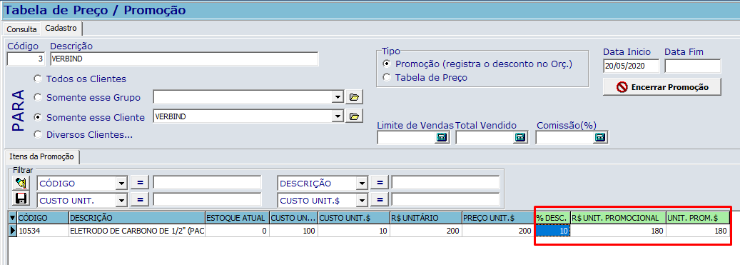 Tabela de preço e orçamento e venda