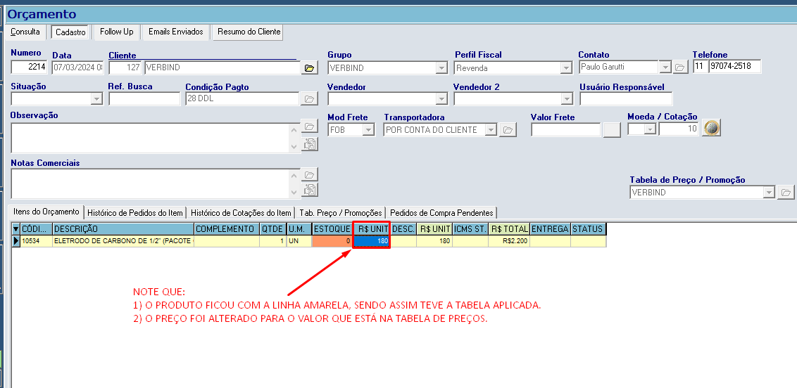 Tabela de preço e orçamento e venda