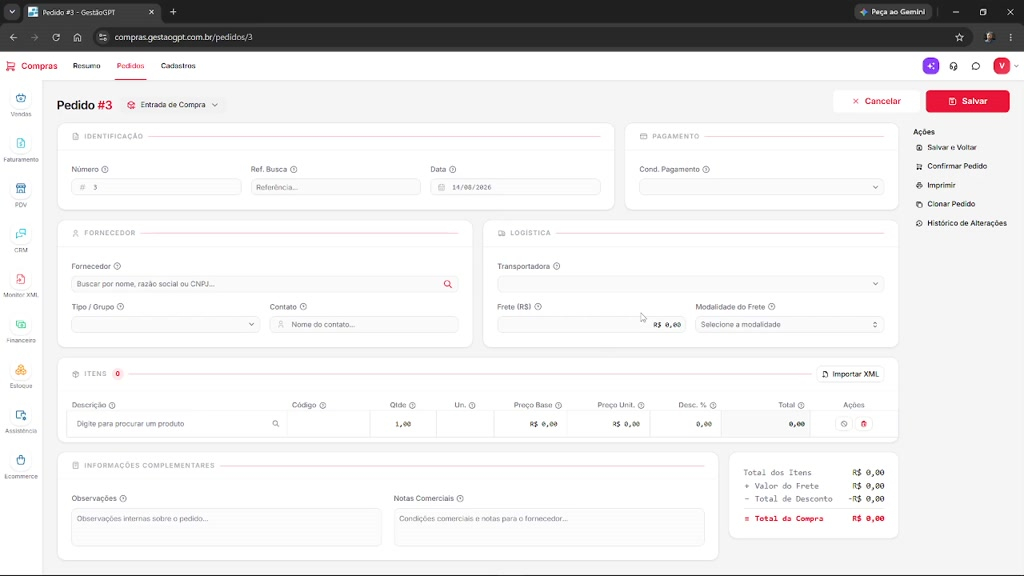 GestãoGPT | Entrada de Compras via arquivo XML