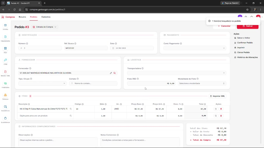 GestãoGPT | Entrada de Compras via arquivo XML