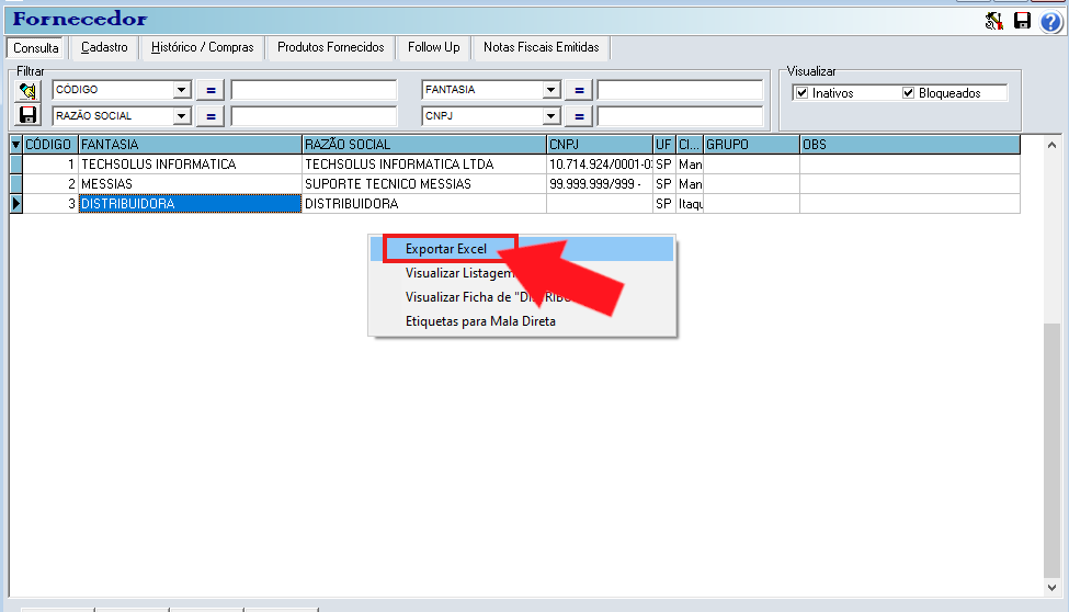 Opção Exportar Excel no sistema GestãoPro