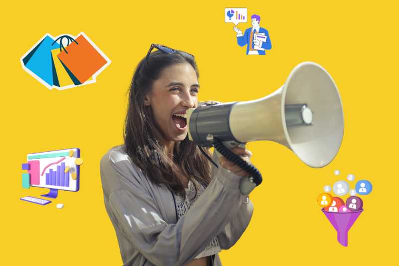 Imagem Ilustrativa - Mulher segurando um megafone, em volta dela há ícones de vendas, funil de vendas, analise..